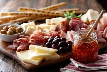 Delicious Charcuterie Board with Cured Meats, Cheeses, Breadsticks, Olives, and Artisanal Jam on Rustic Wooden Table