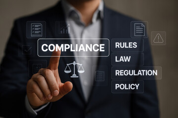 Compliance rules and law regulation policy on virtual screen, documents with checkbox lists - Strategic Digital Workspace Scene
