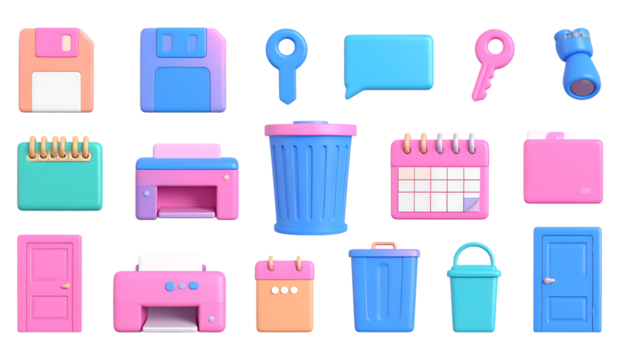3d icon set. Floppy disk, printer, trash can, binoculars, keys, door, calendar, chat icon. Realistic render  glossy plastic objects,design element, illustration, blue, vector, bubble, buttons, 