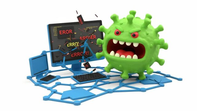 Angry Virus Attacking Computer Network - A 3D video of an angry cartoon virus destroying a computer network.  Error messages are displayed on the broken computer screen, illustrating a cyberattack.