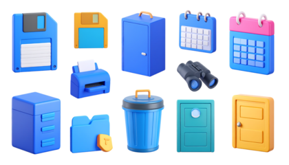3d icon set. Floppy disk, printer, trash can, binoculars, keys, door, calendar, chat icon. Realistic render  glossy plastic objects,design element, illustration, blue, vector, bubble, buttons, 
