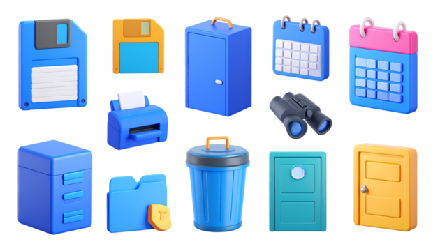 3d icon set. Floppy disk, printer, trash can, binoculars, keys, door, calendar, chat icon. Realistic render  glossy plastic objects,design element, illustration, blue, vector, bubble, buttons, 