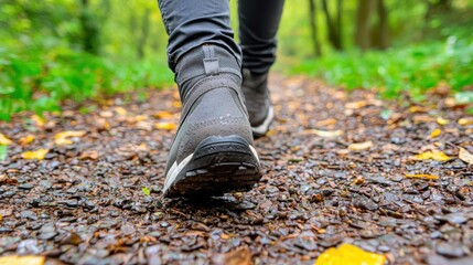 Obraz premium Close up view of a person's feet wearing dark gray hiking boots walking on a leaf covered trail. The ground is damp, and the lighting suggests an autumn setting within a forest.