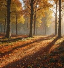 Obraz premium Sun-dappled autumn leaves carpet a lush forest clearing , pattern, colorful