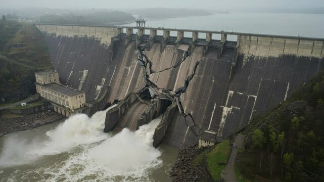 Damaged Dam Releasing Water - An aerial view of a severely damaged dam with large cracks, releasing a torrent of water. The scene is overcast and moody, emphasizing the gravity of the situation.
