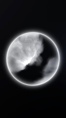 Abstract glowing white ring in dark space with foggy smoke cloud inside the sphere. Minimal and elegant energy background for tech or sci fi projects.