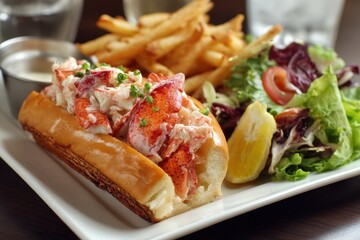 Savory New England Lobster Roll Served with Crispy Fries and Fresh Salad â€“ A Seafood Epicurean Delight