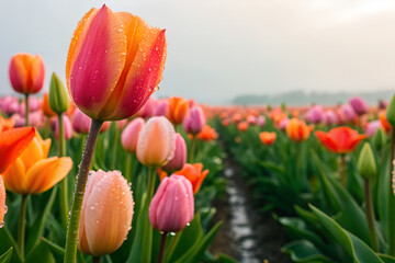 Naklejka premium Vibrant Dew-Kissed Tulips in a Spring Flower Field