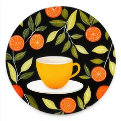 Yellow Teacup and Oranges Digital Illustration
