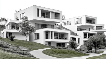 Fototapeta premium Modern, multi-story apartment complex nestled on a hillside, featuring terraced levels and balconies
