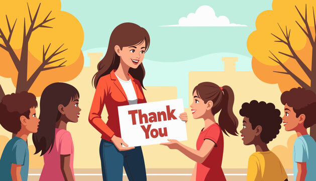 Teacher receiving appreciation from students in a vibrant park  