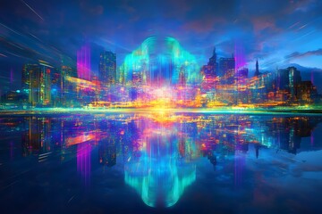Fototapeta premium Futuristic city skyline at twilight, vibrant colors reflected in water