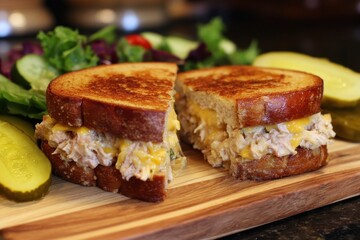 Delicious Homemade Tuna Melt Sandwich with Salad and Pickles on Brown Bread
