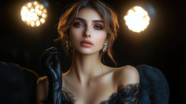 Elegant woman in a black lace dress, dark backdrop, and dramatic lighting.  Detailed portrait,  glamorous,  sophisticated.  Wearing gloves - Powered by Adobe