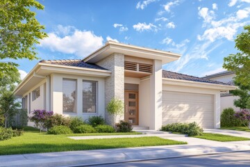 Fototapeta premium Modern suburban house with landscaped front yard.