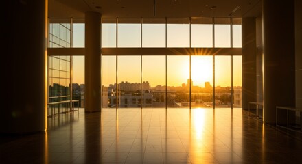 Fototapeta premium Dramatic Sun Rays Streaming Through Modern Building Windows at Golden Hour