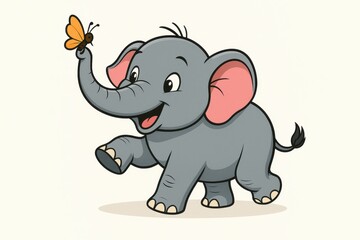 Obraz premium A cartoon elephant with a playful grin, holding a tiny imaginary butterfly on the tip of its trunk