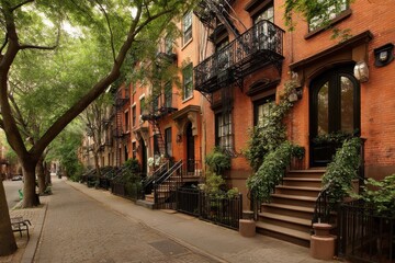 Obraz premium Charming Row Houses: Historic Brownstone Architecture in Tranquil Greenwich Village, New York City