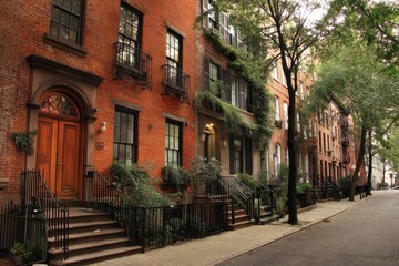 Naklejka premium Charming Brownstone Row Houses in a Tranquil Greenwich Village Street, NYC