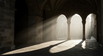 Fototapeta premium Sun Rays Filtering Through Historic Building Arches in Early Morning