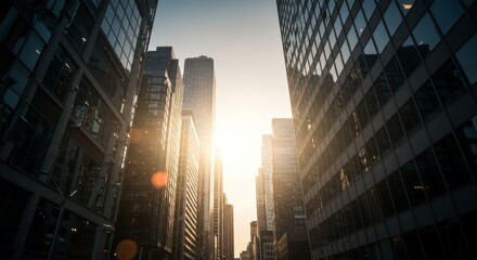 Sunlight Streaming Through Urban High-Rise Creating Lens Flare and Reflections