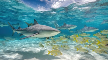 Obraz premium Lemon Shark Encounter: Underwater Adventure at Tiger Beach, Bahamas