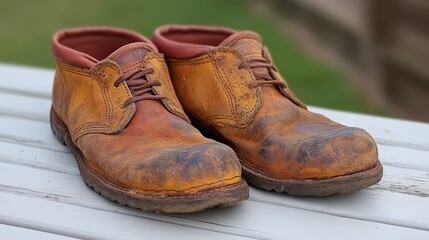 Worn brown leather shoes displayed outdoors on a calm surface