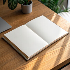 Fototapeta premium Blank hardcover book opened on wooden desk, with copy space