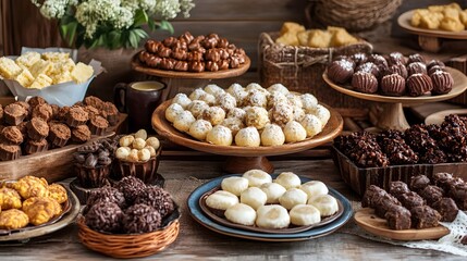 An assortment of handcrafted chocolates and sweets presented on rustic wooden platters, evoking a sense of artisanal charm and indulgence.