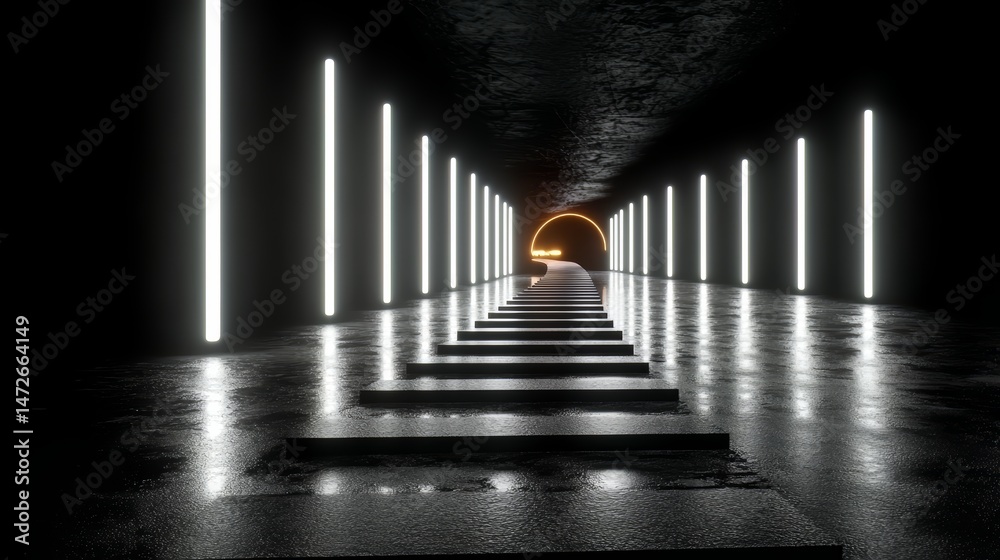 Aufkleber dark tunnel with neon lights illuminating the way. the tunnel is long and narrow, with a small openi