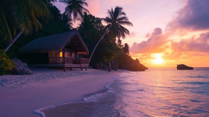 Fototapeta premium Breathtaking sunset over a tropical beach with a secluded wooden house and lush greenery