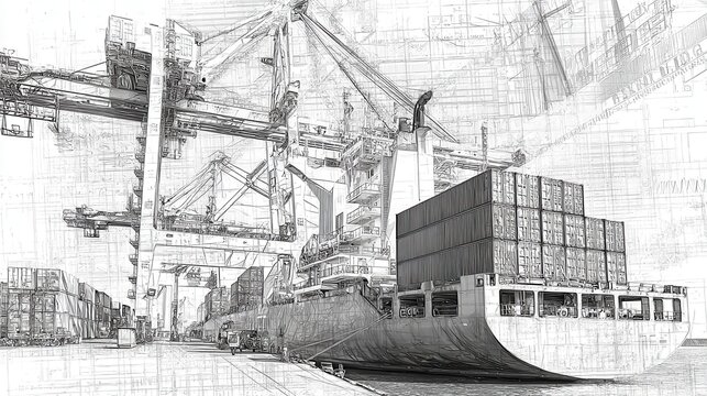 Port scene, sketched industrial maritime landscape.