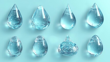 Clear water drops reflecting light on a blue surface, arranged in two rows