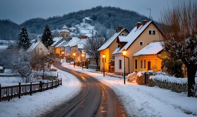 Snowy Village Street at Dusk