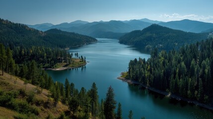 Fototapeta premium Breathtaking Panorama of Hayden Lake, Idaho: A Serene Landscape Framed by Majestic Mountains and Lush Forests