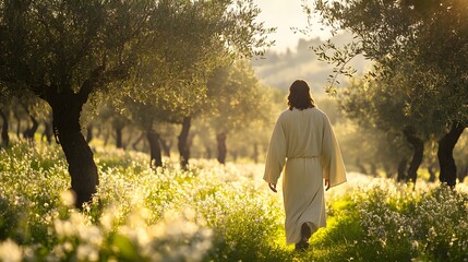 Jesus in white robe walking through an olive tree grove in a field of white flowers bathed in golden sunlight. Serene religious depiction.