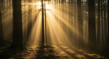 Obraz premium Surreal Sun Rays Breaking Through Dreamlike Mist Over a Mystical Forest