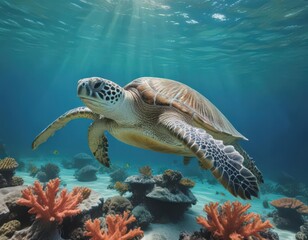 Obraz premium Green sea turtle gracefully swims amidst vibrant coral reef and azure water , turtle, aquatic