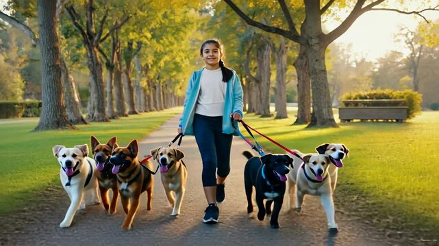 Teenager walking dogs. Dog walker.