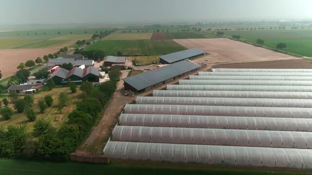 Drone Footage of Greenhouses on a Modern Farm in Europe &ndash; Aerial View of Agricultural Production