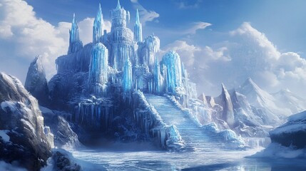 Majestic icy castle perched on a snowy mountain overlooking a frozen lake