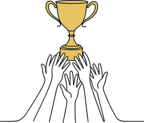 Victory Symbol with Hands Holding Trophy Line Art