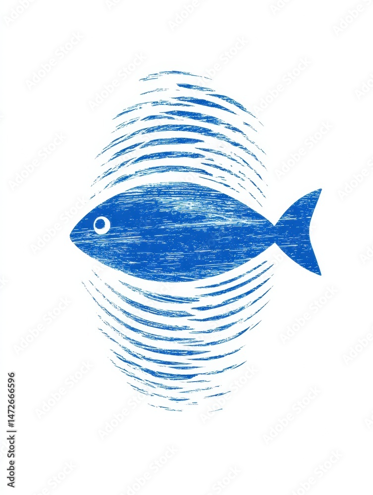 Poster minimalist fish logo features a water ripple texture emphasizing simplicity and elegance