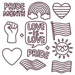 Line art sticker set with pride icons including rainbow, heart, fists and LGBT slogans