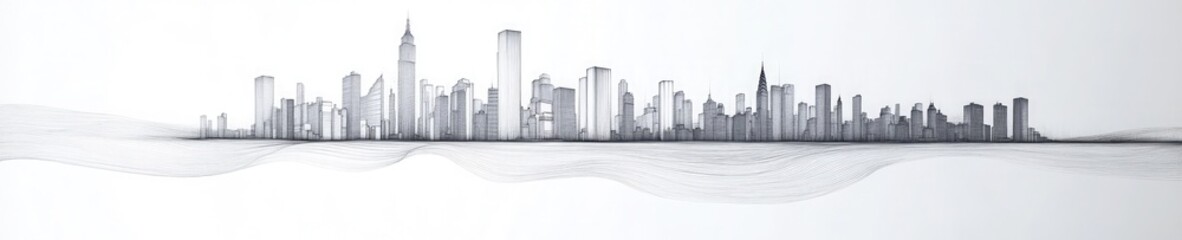 Naklejka premium Sketch Cityscape with Skyline, Buildings, Skyscrapers and Wavy Lines on White