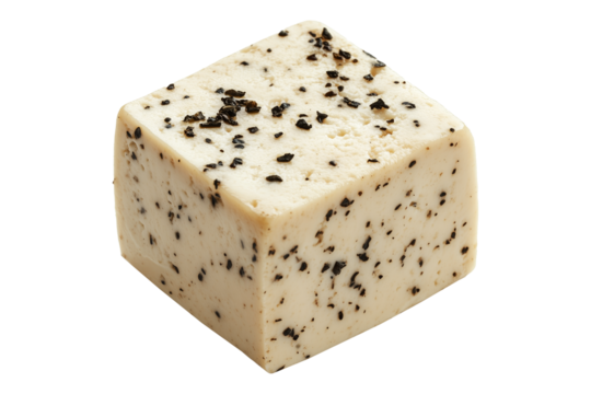 Cube of seasoned tofu with visible herbs and spices, arranged in stack isolated on white transparent background, concept of healthy vegetarian protein option