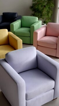 Arrangement of colorful single seat armchairs in pastel hues with green plant in the background for interior design concepts