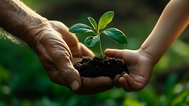 Generational Nurturing: Passing a Seedling, An elderly hand passing a small plant in soil to a child's hands, symbolizing growth and nurturing