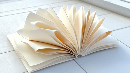 Open book with fanned pages on a white surface