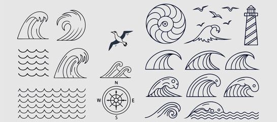 various wave water lake river logo vector illustration, bundle set collection package design. Abstract Line Art Elements, Symbols, Nature, Flow, Energy, Design